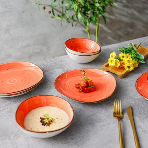 Kadum Potosi 8-teiliges Geschirrset für 4 Personen | Speiseteller Keramikteller hochwertige Keramik Bowls Saladbowls | 4x Frühstücksteller Ø 21,0 cm & 4x Salatbowl Ø 15,0 cm (Rot-Orange)