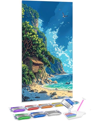 Punto de cruz diamante 5D de cabaña junto al mar, manualidades para adultos de 70x40 cm