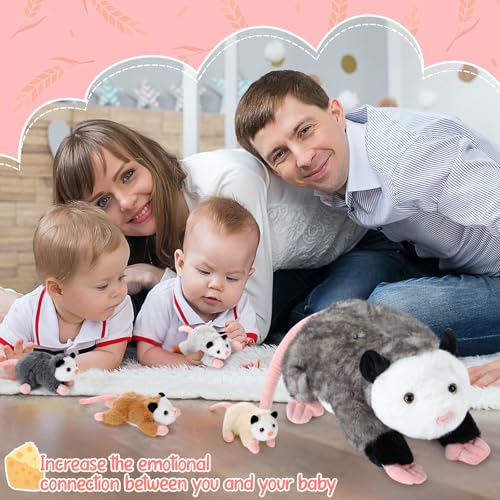 Image of Hollowfly 5 Pcs Opossum Stuffed Animal Mommy with 4 Baby Possum Plush Toy