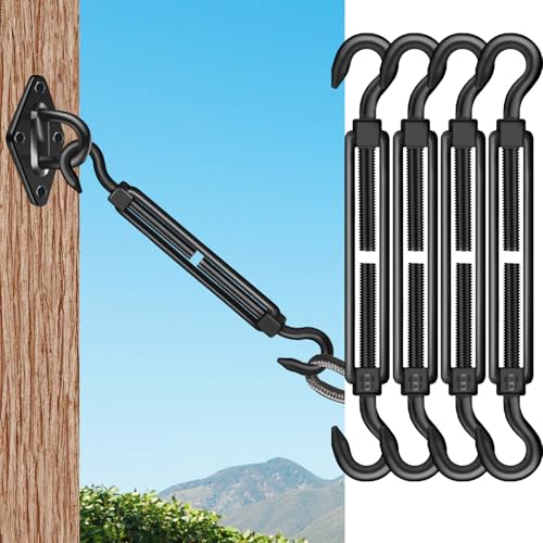 4PCS M8 Hook & Hook Turnbuckle 304 Stainless Steel,Black Heavy Duty Turnbuckle for Wire Rope Tension,Sun Shade Tent Hardware