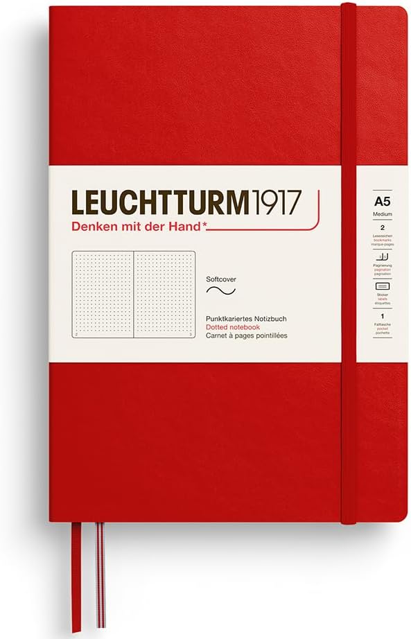 LEUCHTTURM1917 373994 Notebook Medium (A5), Softcover Writing Book, 123 Numbered Pages, Cherry, Dotted