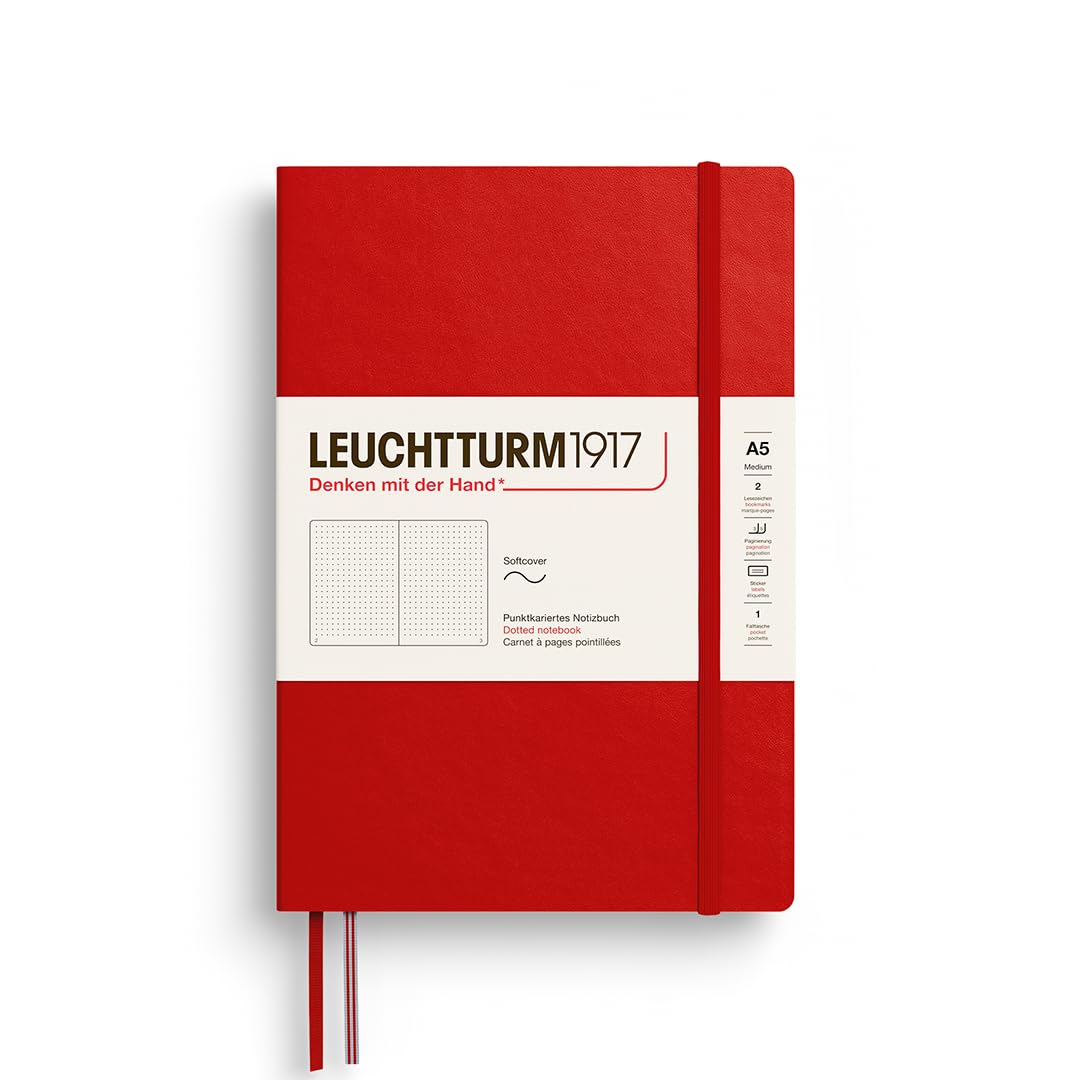 LEUCHTTURM1917 373994 Notebook Medium (A5), Softcover, 123 Numbered Pages, Cherry, Dotted