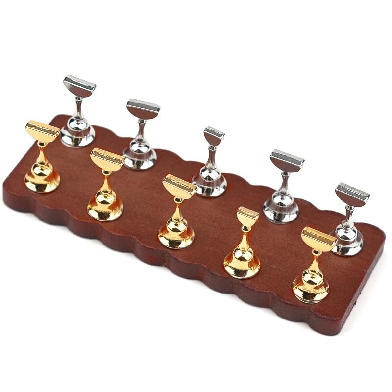 THR3E STROKES Sets Wooden Nail Display Stand - Tip Practice Stand With Magnetic Holder for DIY Nail Art and Manicure Tools (Gold and Silver) (dark brown)
