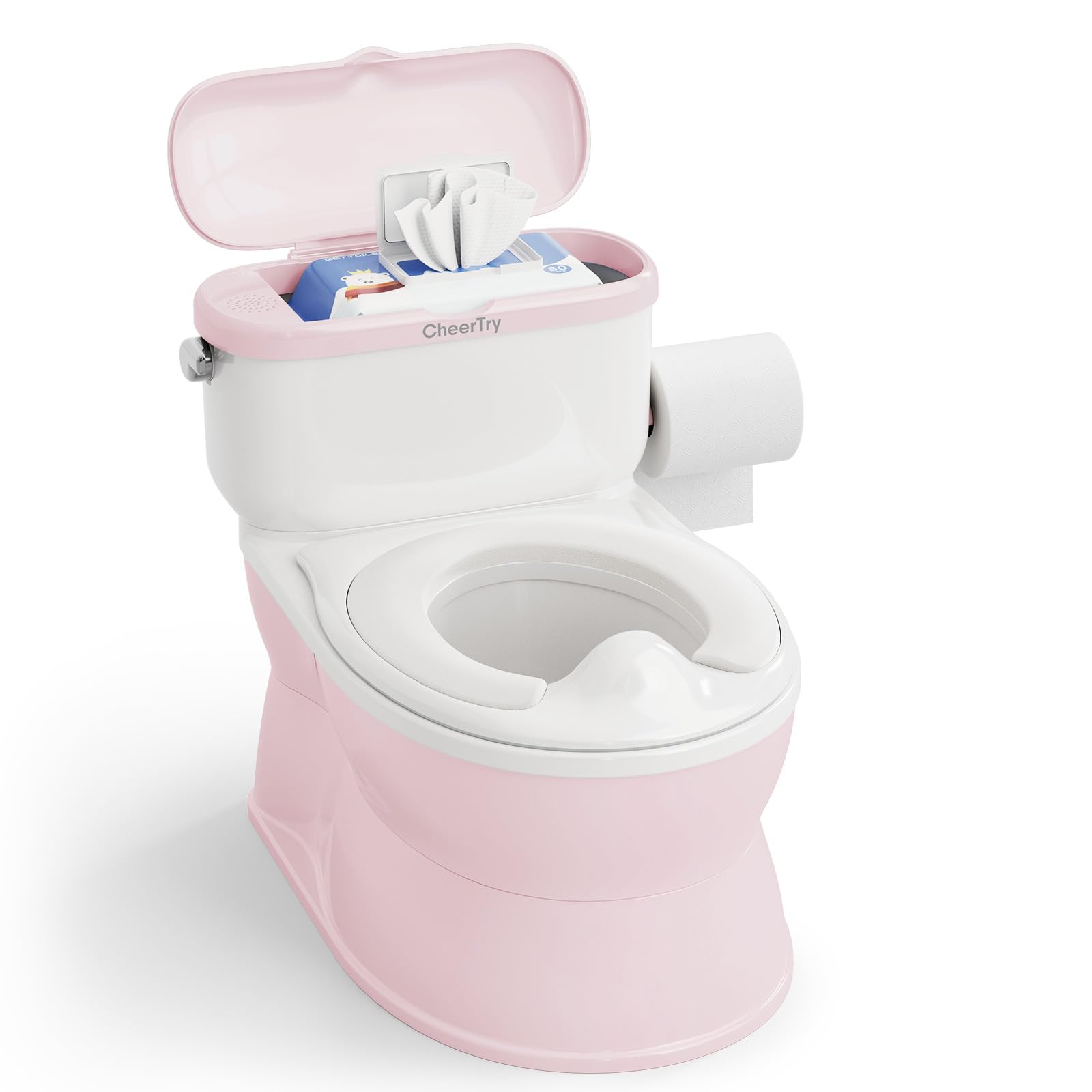 CheerTry 2-in-1 Toddler Potty Training Toilet - with Detachable Training Seat, Realistic Flushing Sound for Boys & Girls Ages 1-3 with Wipes Storage, Toilet Paper Holder - 2