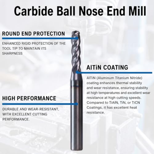 Image of NZ 3 /16 inch 4-Flute Ball Nose End Mill | CNC Milling Bits AlTiN Coated Carbide for Alloy Steel, Hardened Steel | 5-Pack