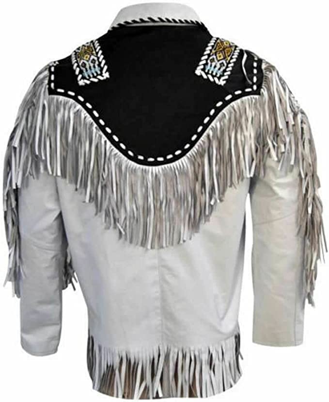 Men's Western Genuine Cowhide Leather Jacket| Traditional Native American Real Cowhide Cowboy Coat with Fringe3