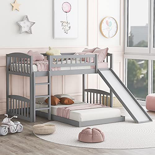 VeroFree Twin Over Twin Bunk Bed with Slide and Ladder, Gray – Space Saving Kids Bedroom for Siblings Sleepovers (Old SKU: Lp000514aae)