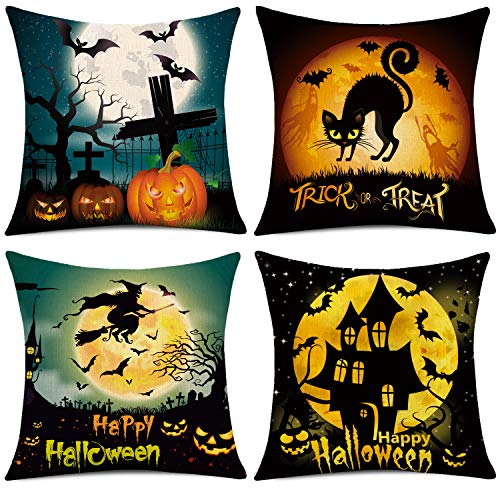 Whaline 4 Piezas Halloween Funda de Almohada, Scary Night Trick or Treat Funda de Almohada, Happy Halloween Decoración de Funda de Cojín de Sofá de Lino (18x 18)