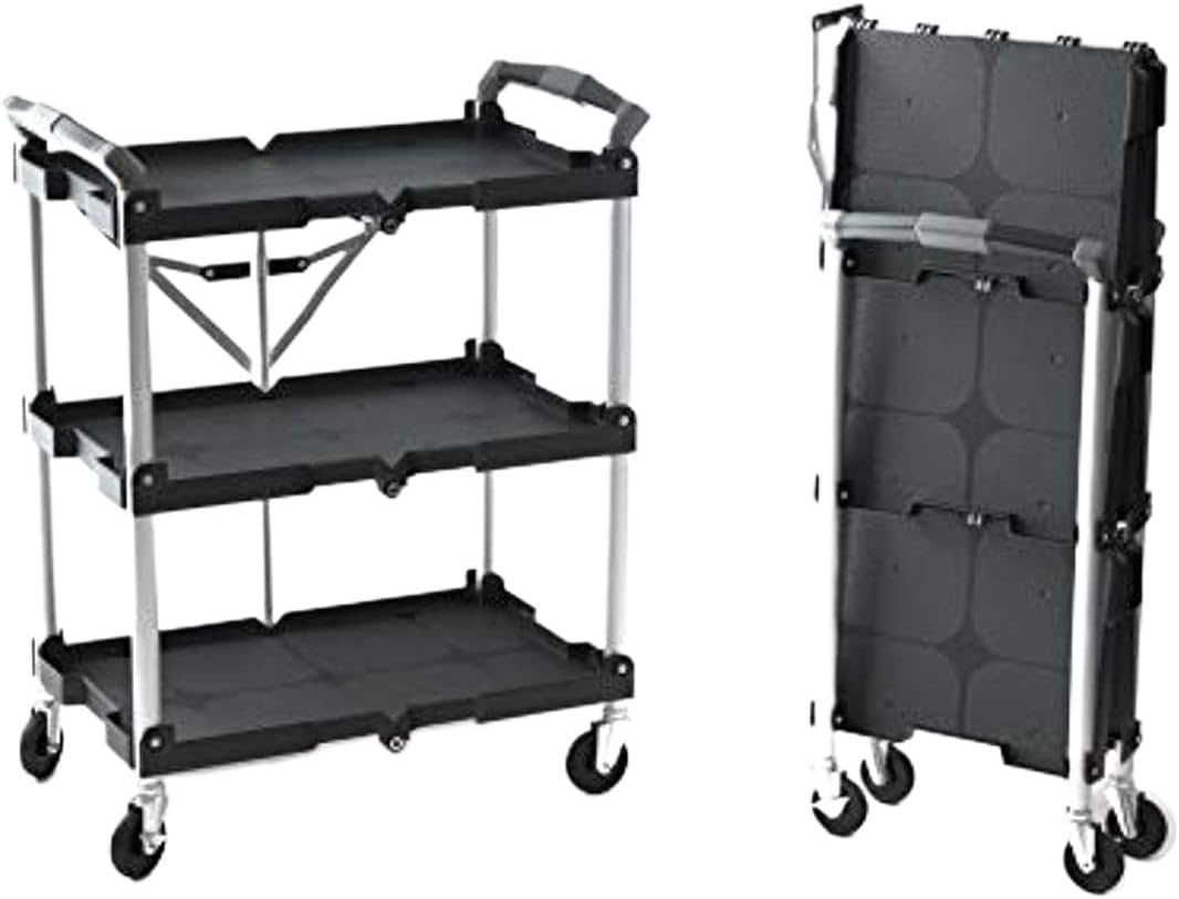 Storage Trolley Folding Collapsible Service Cart, Black,Rolling Storage,for Kitchen Room,Dining, Bathroom Shelving Organizer