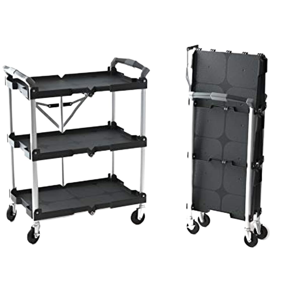 FZL02068LM Serving Trolleys Folding Collapsible Service Cart, Black,Rolling Storage,for Kitchen Room,Dining, Bathroom Organization