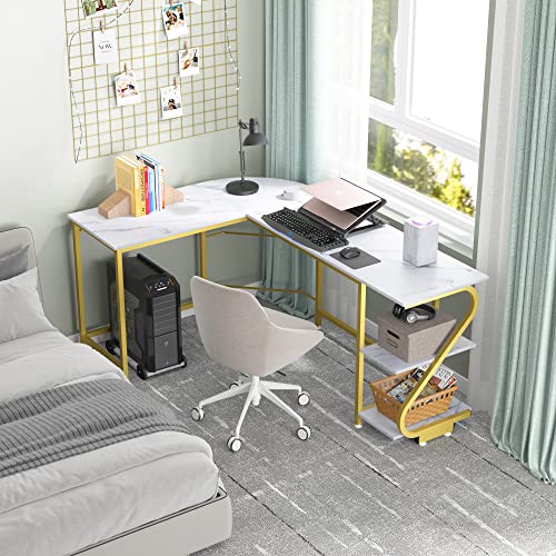 Weehom Reversible L Shaped Computer Desk With Storage Home Gaming Office Writing Workstation Corner Table For Small Space White Marbling Gold #TOP1