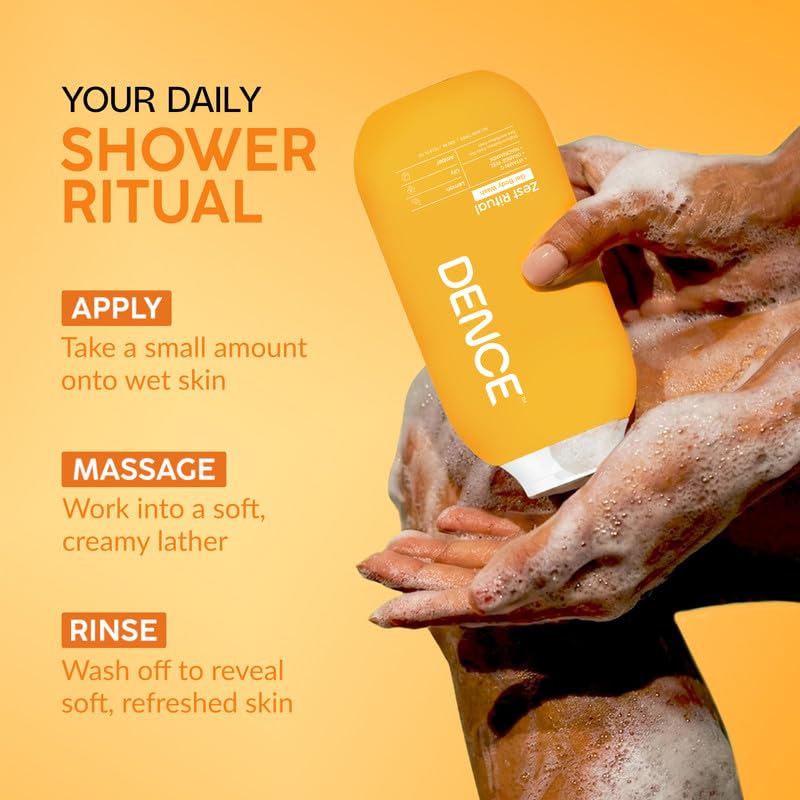 Image of DENCE Zest Ritual Brightening Gel Body Wash with Vitamin C, Niacinamide & Orange Peel | Evens Skin Tone & Refines Pores | Lemon & Amber Fragrance | Sulphate-Free | 300 ml