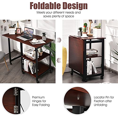 Tangkula Mobile Folding Computer Desk, Modern Writing Desk W/ 2-Tier Storage Shelves, Pc Laptop Study Desk Workstation W/ 6 Wheels, Space Saving Compact Home Office Desk For Small Apartment (Brown) #TOP5