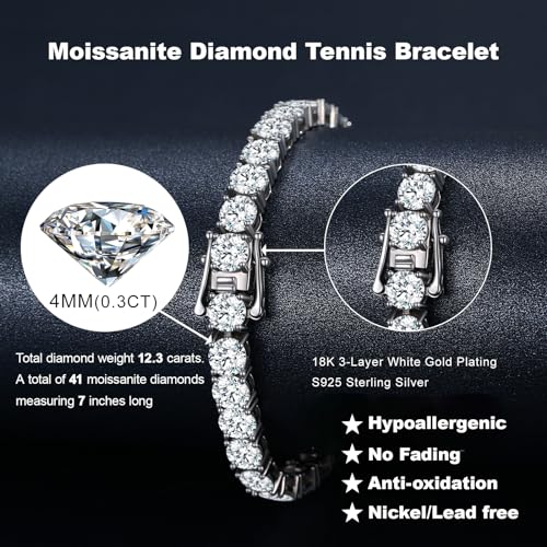 Moissanite Tennis Bracelet,10.5-14 Carats Lab Grown Diamond Tennis Bracelet for Women 18k White Gold Plated 925 Sterling Silver Men's Bracelet 3-4mm D Color VVS1 Round Cut Moissanite Bracelet for Women Men Jewelry Gift4