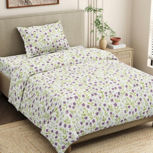 Image of Haus & Kinder Bedsheet for Single Bed Cotton, 58 x 98 Inches Single Bedsheet with 1 Pillow Cover, Pure Cotton 186 TC, Soft & Silk Bedsheet for Single Bed - Moonlit Lavender Garden