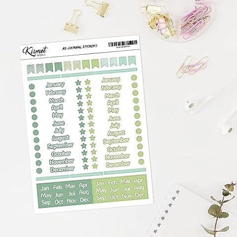 A5 Months of the Year Small letter Stickers in Green - 5.3" x 8.3" - craft journal snail mail planner journal diary paper sticker sheet Cover