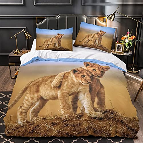 Housse de couette lion 200x200 parure de lit 3 pièces microfibre drap ado