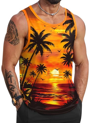 Image of VOGSTART Mens Hawaiian Beach Tank Tops Summer Vacation Muscle Top Graphic Sleeveless Shirts (S-3XL)