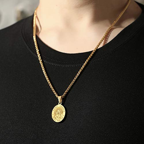 P. BLAKE Oval Saint Christopher/Michael/Joseph/Jude/Virgin Mary/Joseph/Francis/Patrick/Anthony/Benedict/Thomas Necklace for Men Women, Stainless Steel Catholic Patron Pendant with Chain 24 Inches