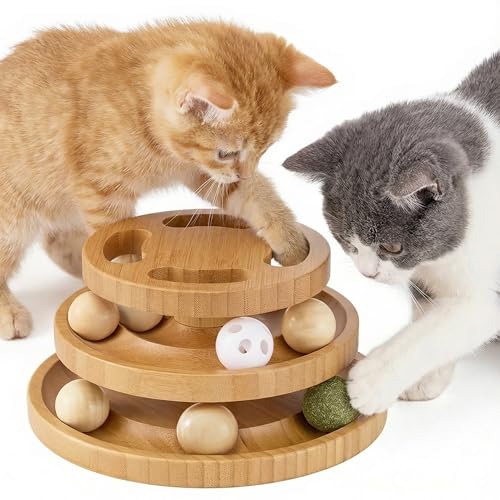 ZOMISIA Cat Ball Track Toy with Puzzle Top and DIY Bell Wooden Cat Toys for Indoor Cats Interactive Kitty Ball Tower for Kitten Exercise Mental Physical