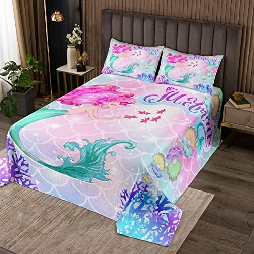 Colcha acolchada de sirena Ocean Sea Marine Underwater World Coverlet para niños y niñas, juego de colcha de sirena transpirable, color coral costero, tamaño único