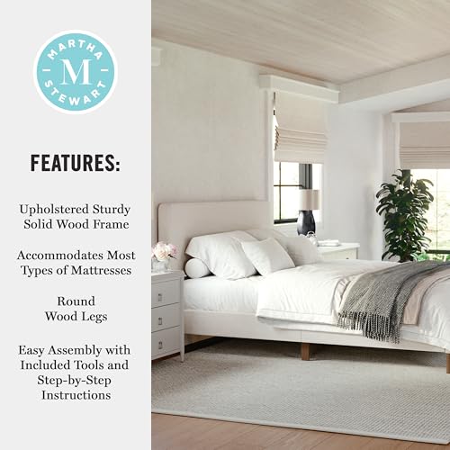 Image of Martha Stewart Britta Platform Bed with Headboard & Footboard, Faux Linen Upholstery with Piping Detail, Rounded Headboard, No Box Spring Needed, Queen, Beige