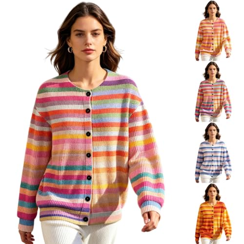 Striped Cardigans For Women Crew Neck Button Down Oversized Knitted Sweater - image 1