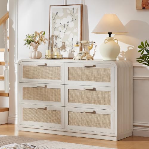 Image of LEYAOYAO Rattan 6 Drawer Dresser for Bedroom, Grey White | Modern 49 inch Wide Curved Dressers & Chests of Drawers with Solid Wood Handle & 5 inch Deep Drawers & Anti-Tip Safety