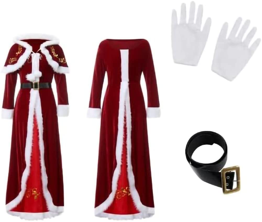 Mrs. Claus Weihnachtskostüm - Rote Samt-Robe Mit Kapuze, Gürtel & Handschuhen, Größe M