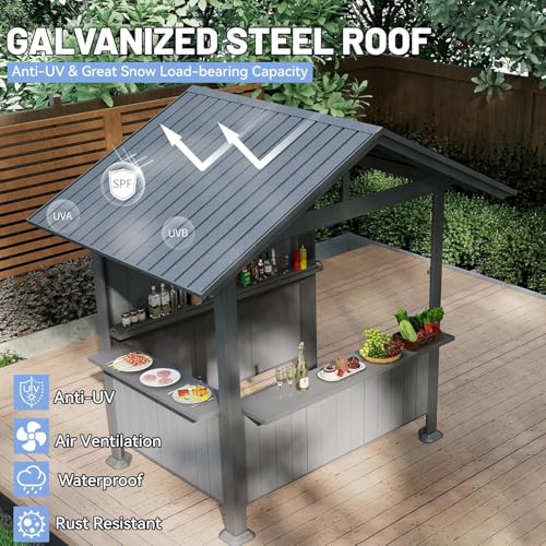 Image of 9x10FT Hardtop Grill Gazebo, Lean to Outdoor BBQ Shelter with Galvanized Steel Slanted Roof, Permanent Metal Grilling Station with Storage Shelves & Bar Platform for Patio (Brown, 9.4x6.2FT)