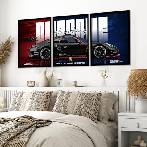 Image of ARTELLY Big Porsche 911 GT3rs Sports Car Framed Wall Posters, Set of 3, Premium Framed Painting, Living Room Bedroom Decoration, Large Size Gift Item for Boys Room Decor (Porsche 4, 19x25 inch)
