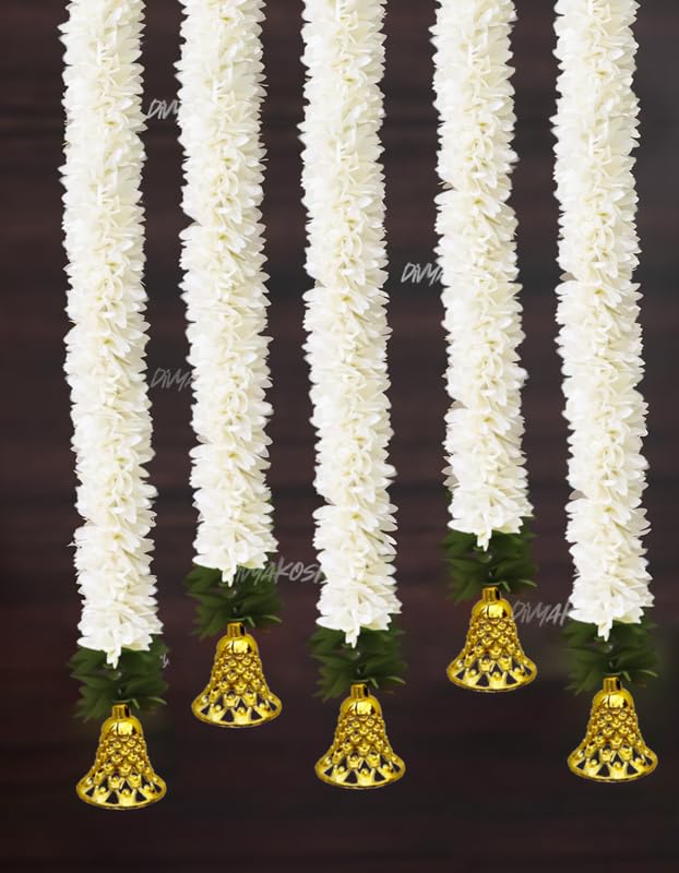 Image of Divyakosh Garlands for Home Decoration, Gajra Hangings (Pack of 6 Latkan, Size 14 Inch Each) | Offwhite Fabric Jasmine Flower with Golden Bell | Flower Garlands for Home Decoration |