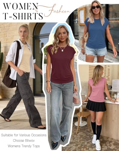 Image of Bliwov Womens Summer Tops Cap Sleeve Crew Neck Casual T Shirts