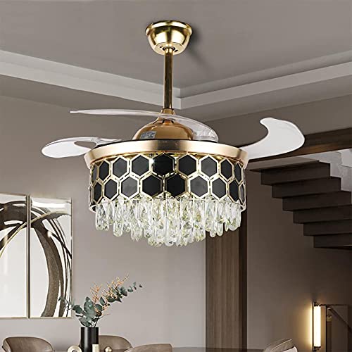 Ventilador de techo de cristal Fandelier con control remoto, moderno candelabro retráctil oculto de 42' con 3 colores y 3 velocidades, iluminación para dormitorio, comedor y sala de estar (dorado y ne