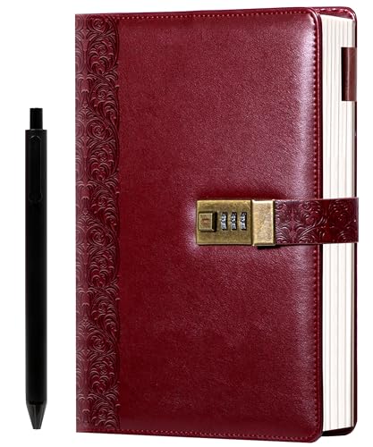 CAGIE Vintage Diary with Lock 256 Pages Leather Journal with Lock Spine Embossing Hardcover Locked Journal with Pen, 7 x 9 Inch Locking Journal for Adults Women Men， Wine Red