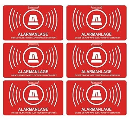 6 Stück Aufkleber Alarmanlage | alarmgesichert | Folie 5 x 3 cm | wetterfest | UV Schutz | Alarmanlage Wohnmobil Auto Alarm