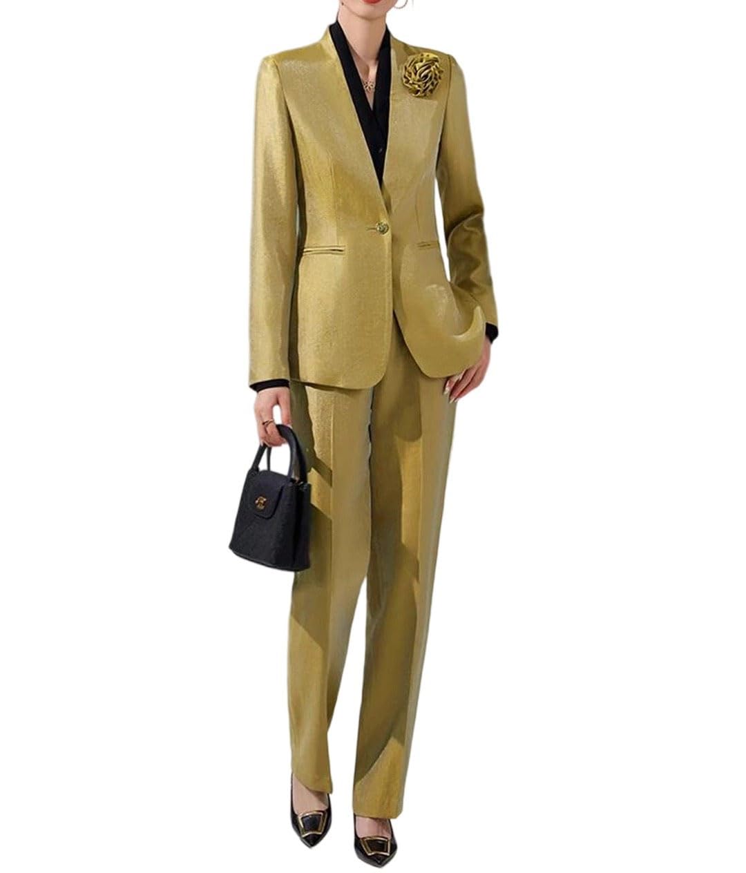 Womens Solid-Color Button-Down Blazer and High-Waisted Straight-Leg Pants Set