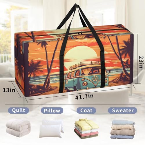Coastal Beach Truck Extra Large Moving Bags Heavy Duty Storage Bags Cute Truck Cloth Wrap Around Handles Double Zipper Reusable Convenient Foldable Storage Tote for Travel Camping Space Save2
