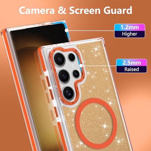 Image of Magnetic Case for Samsung Galaxy S23 Ultra [Compatible with Magsafe] [Bling Glitter Fluorescent Design] [1 Screen Protector] Slim Translucent Matte Case for Galaxy S23 Ultra 6.8 inch, Orange