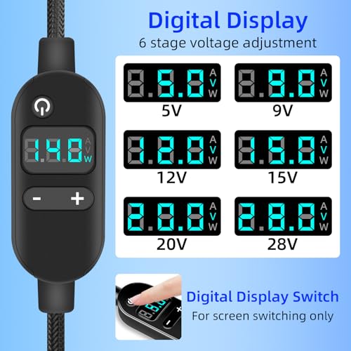 USB-C naar DC 140W PD3.1 Snellaadkabel met 10 Adaptertips, 6 Voltage-instellingen, voor Laptops & Monitoren - Afbeelding 5