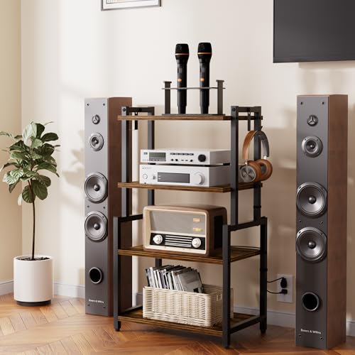 4-Tier AV Media Corner Shelf, Game Console Stand with 2 Hooks, Stereo Audio Component Rack, Small Entertainment Center for Video Game and Vinyl Record Storage, Rustic Brown - Image 3