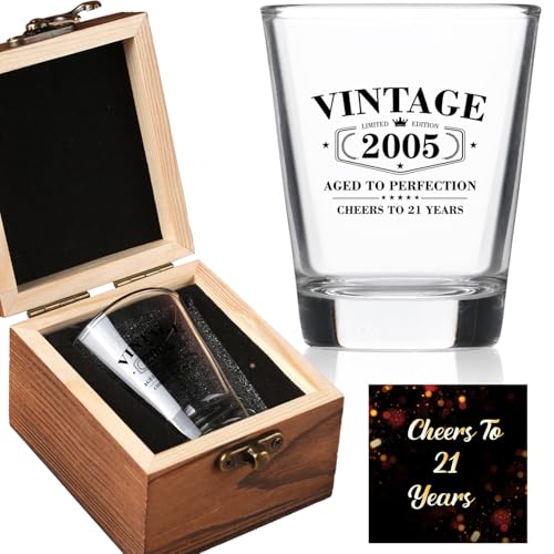 21st Birthday Gifts for Him 2026- Limited Edition Vintage 2005 Shot Glass with Wooden Box - Cheers To 21 Years Old, Finally 21st Birthday Party Decoration - Turning 21 Bday Gift for Men Brother Friend