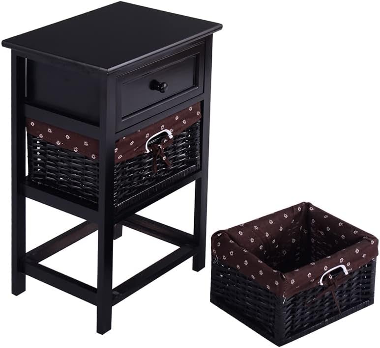 Miniatura 3 de Safeplus Mesita de noche de madera, mesa auxiliar con 1 cajón de madera y 2 cajones de mimbre, organizador de almacenamiento para sofá de noche para