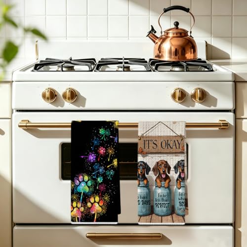 Image of 2 Pcs Dachshund Kitchen Towels 24x14 Inch, Weiner Dog Reusable Dish Towels for Kitchen Bathroom Decor, Waffle Weave Dog Paw Print Hand Cloth Tea Towel, Dachshund Gifts for Women Mom Friend