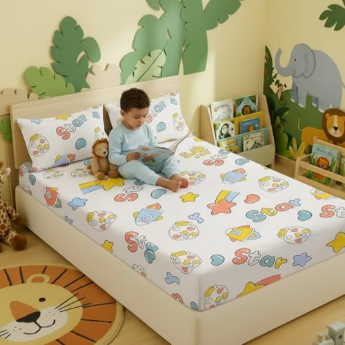 Image of Filymore Space Bedsheet Made with Microfiber Wrinkle Free Soft Hypoallergenic with Tc 240 | Cartoon Printed Double Bed Queen /King Size for Kids (90x90 Inches /Boys Girls Room)(Cream)
