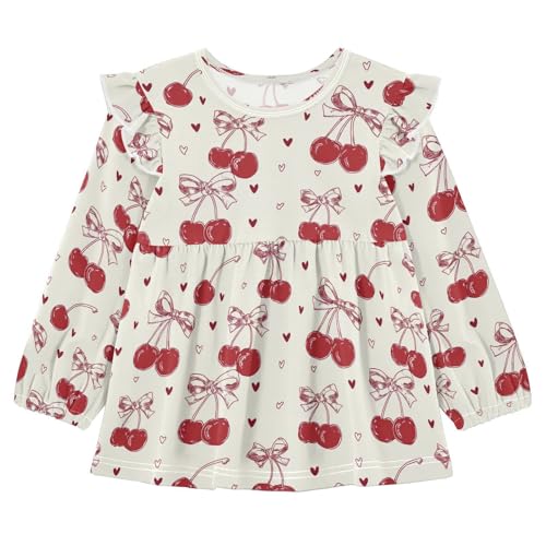 Red Bow Cherry Love Girls Shirts Cotton Long Sleeve Ruffle Toddler Tee Tops