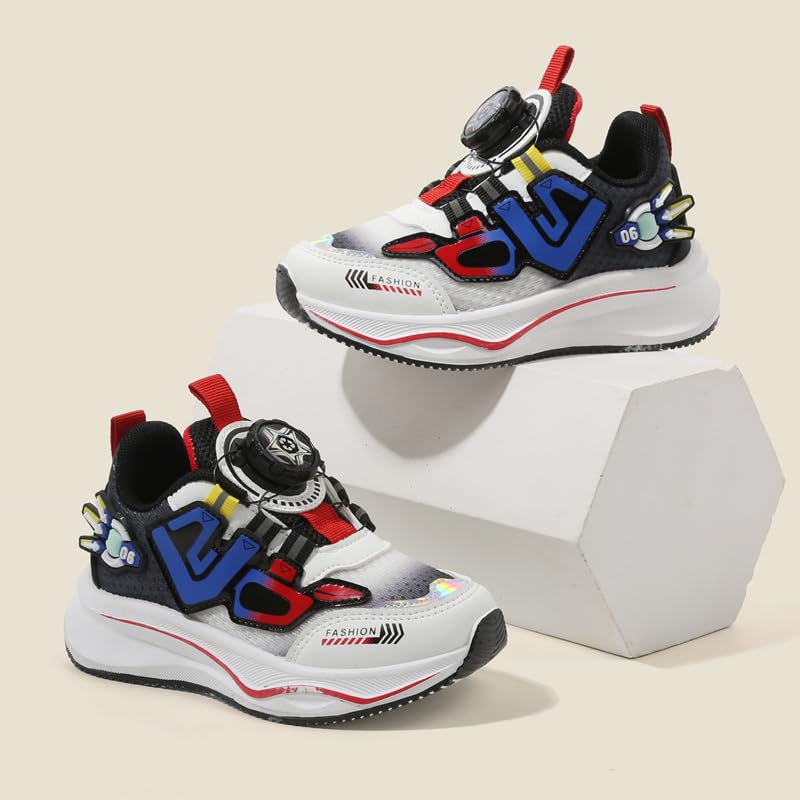 Kids Fashion Sneakers with Dial Closure, Athletic Running Shoes, White/Red/Blue, Chunky Platform Design4