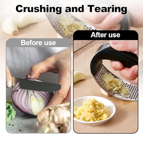 Garlic Press Rocker, 2024 Upgrade Stainless Steel Garlic Press, Garlic Press Rocker Crusher Masher with Garlic Peeling Drum, Garlic Chopper for Household Kitchen Utensils (Black, 1 pcs) - Thumbnail 5