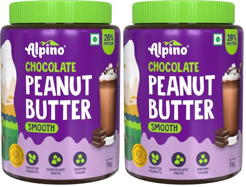Image of ALPINO Chocolate Peanut Butter Smooth 1kg - Roasted Peanuts, Chocolate Paste & Brown Sugar - 26% Protein, Source of Healthy Fats (Pack of 2)
