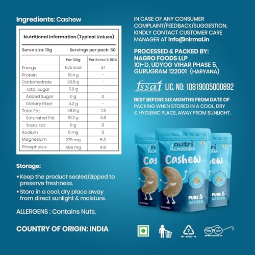 Image of NUTRI HARVEST Premium Natural Whole Cashews (2X 200g )Value Pack | Unsalted Kaju | Rich in Protein, Magnesium & Phosphorus | Crunchy, Nutritious & Delicious Nuts | Healthy Dry Fruits Snack (Pack of 2)